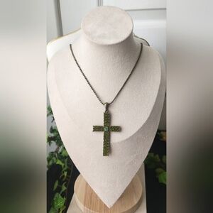 Brass Green Crystal Cross Pendant on 18" Chain